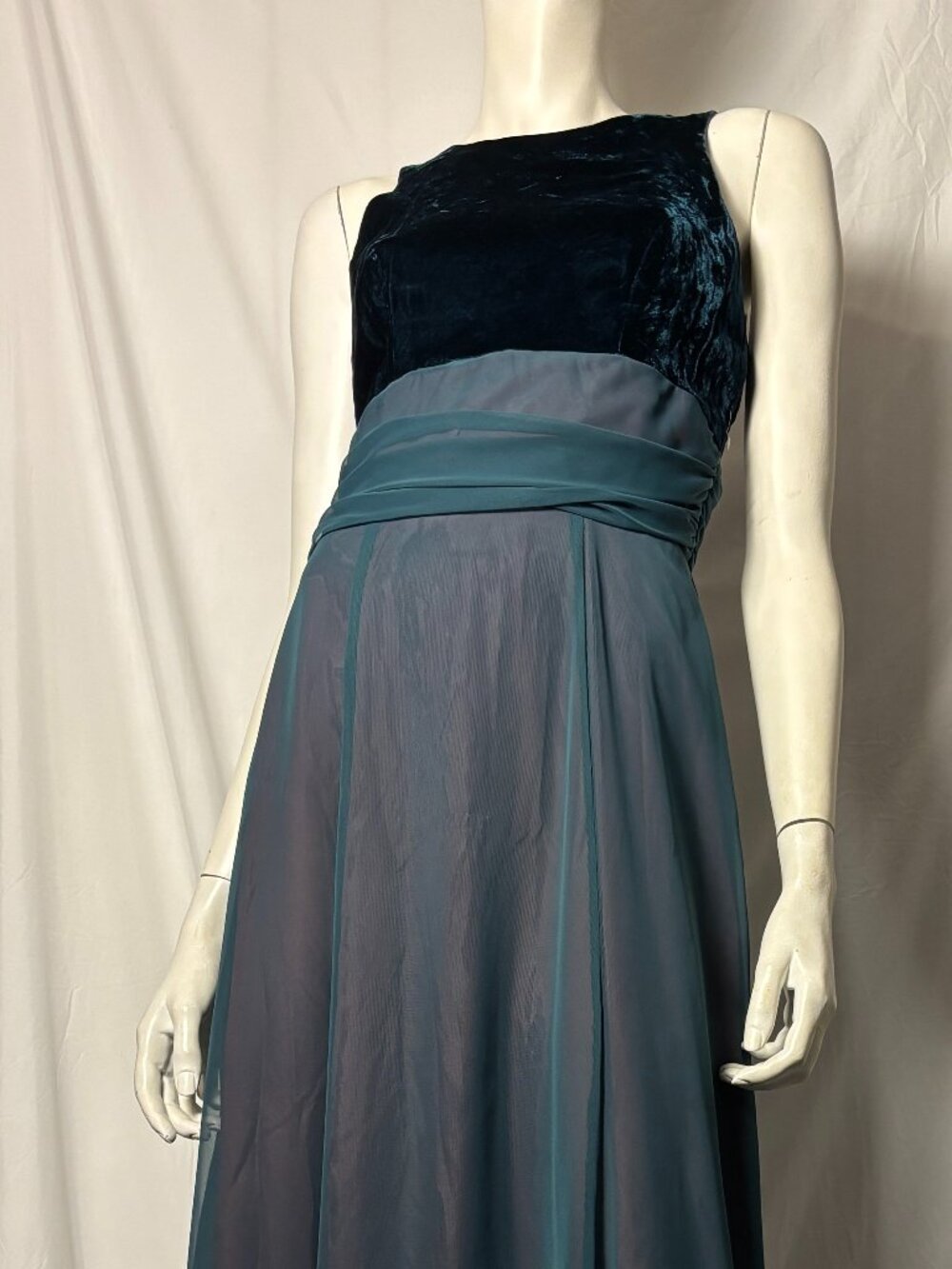 Vintage Teal Velvet Chiffon Maxi Formal Evening Dress Size 8